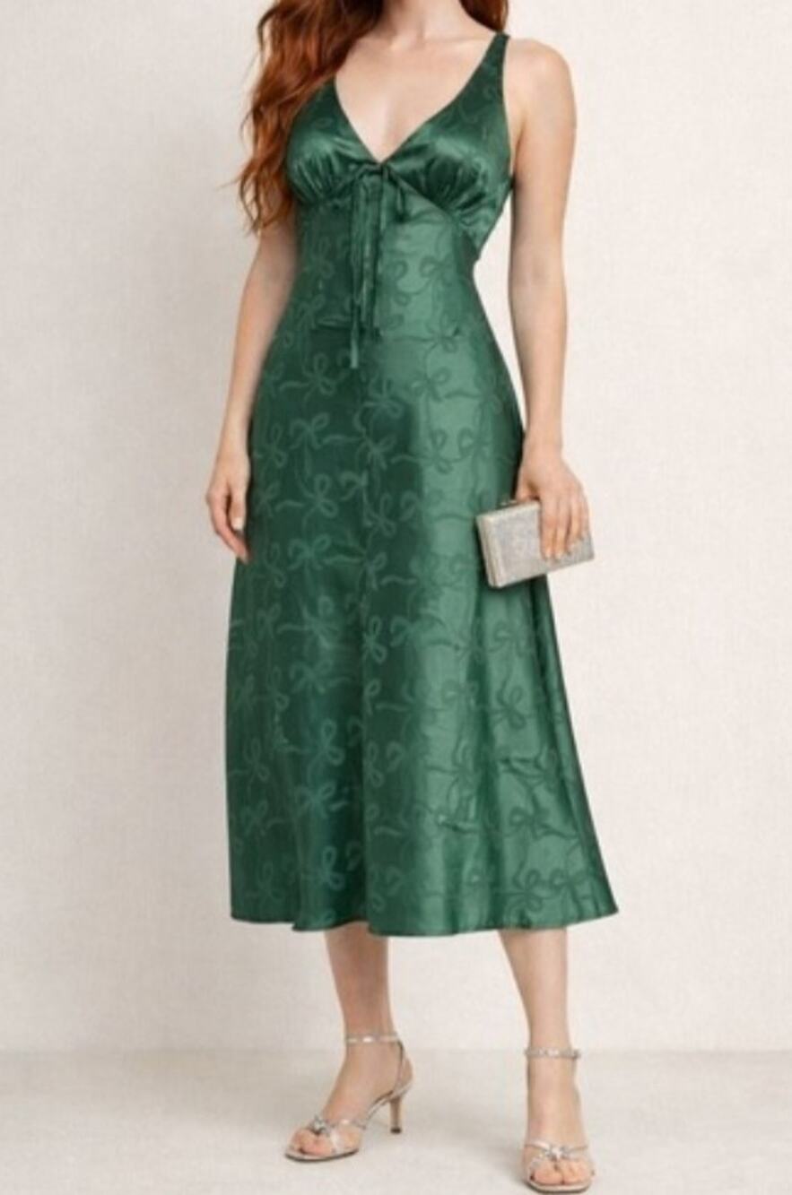 Trixxi Emerald Green Satin Jacquard Bow Print Maxi Dress XL Romantic Y2K Fairy